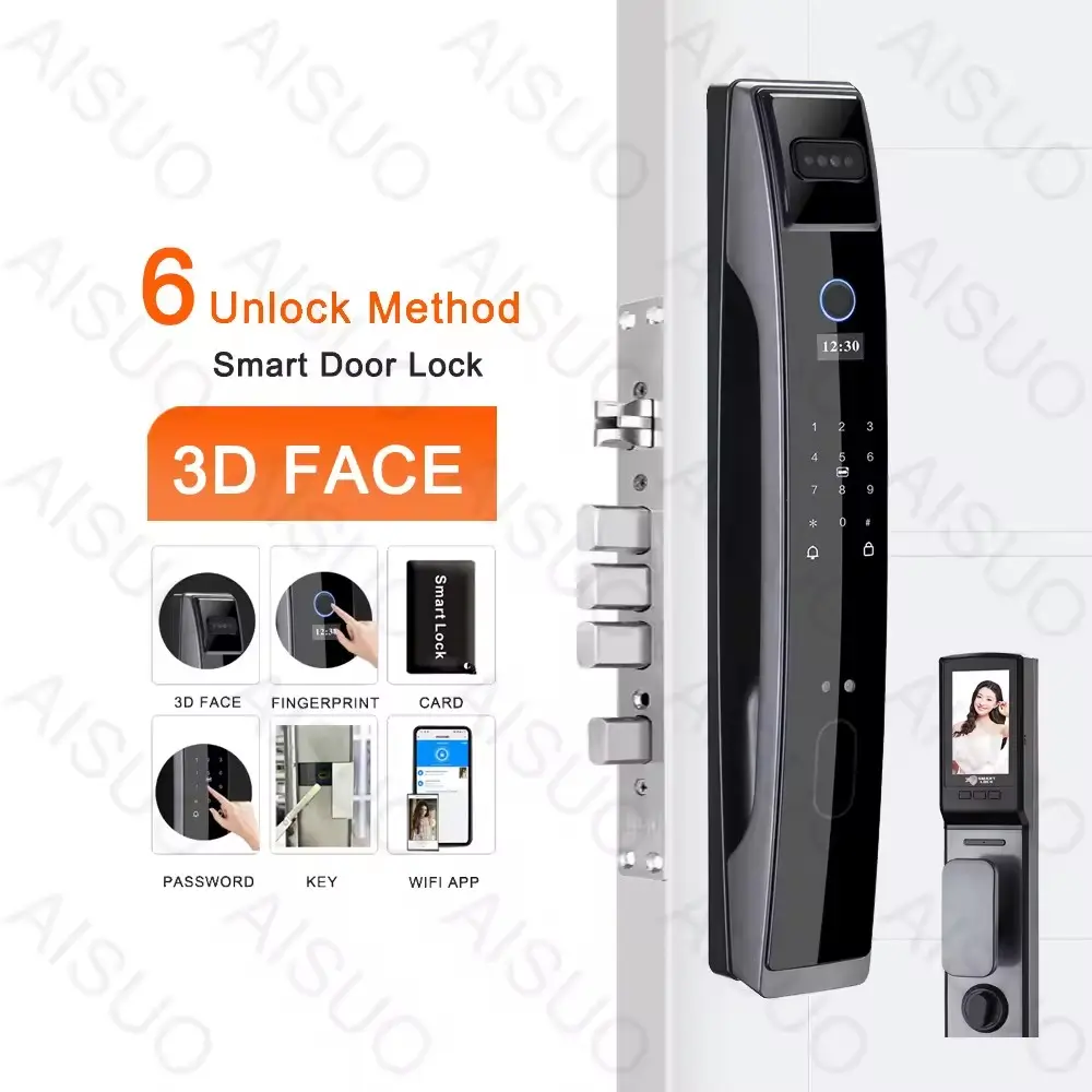 AISUO kunci pintu depan elektronik, pengunci pintu depan pintar sidik jari logam paduan seng wajah 3D dengan kamera dan kata sandi
