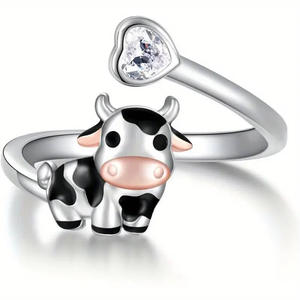 Anillo de Cristal con Diseño de Vaca de Dibujos Animados T1006, Plata 925, Engaste en Bisel, Unisex, para Uso Diario - Product Image 1