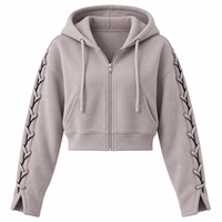 Sweat-shirt à capuche zippé court pour femme, en molleton épais, avec manches à lacets, épaules tombantes et poignets fendus, style streetwear, vente en gros
