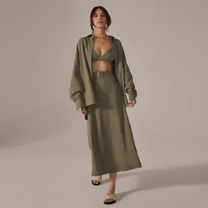 Plus Size Women's Sets Solid Green Bra and Shirt Hgih Waist 3 Piece Set Custom High Quality Clothing A Line Skirt