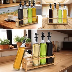 Bamboo Seasoning <b>Rack</b> Square Four Hole Oil <b>Bottle</b> <b>Storage</b> Display Stand Multipurpose Kitchen Organizer - Product Image 2