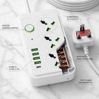 Multiprise universelle robuste avec 3 prises, interrupteurs individuels, 4 ports USB et câble de 2m pour maison et bureau (prise UK)
