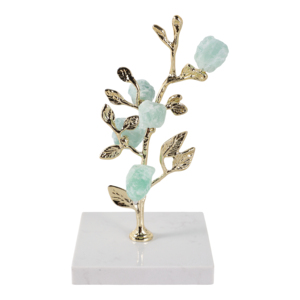 Sculpture d'arbre décorative pour la maison, branche dorée avec pierres aquamarine, base en marbre, pour la salle de bain, le bureau, la salle à manger, la décoration de la maison - Product Image 1