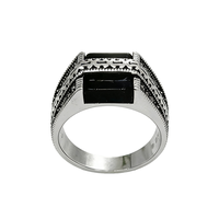 Kaanjewelry 925 Sterling Silber Ring mit Eingelegtem Schwarzen Achat Retro-Muster Breiter Ring Herren Strukturierter Zeigefingerring