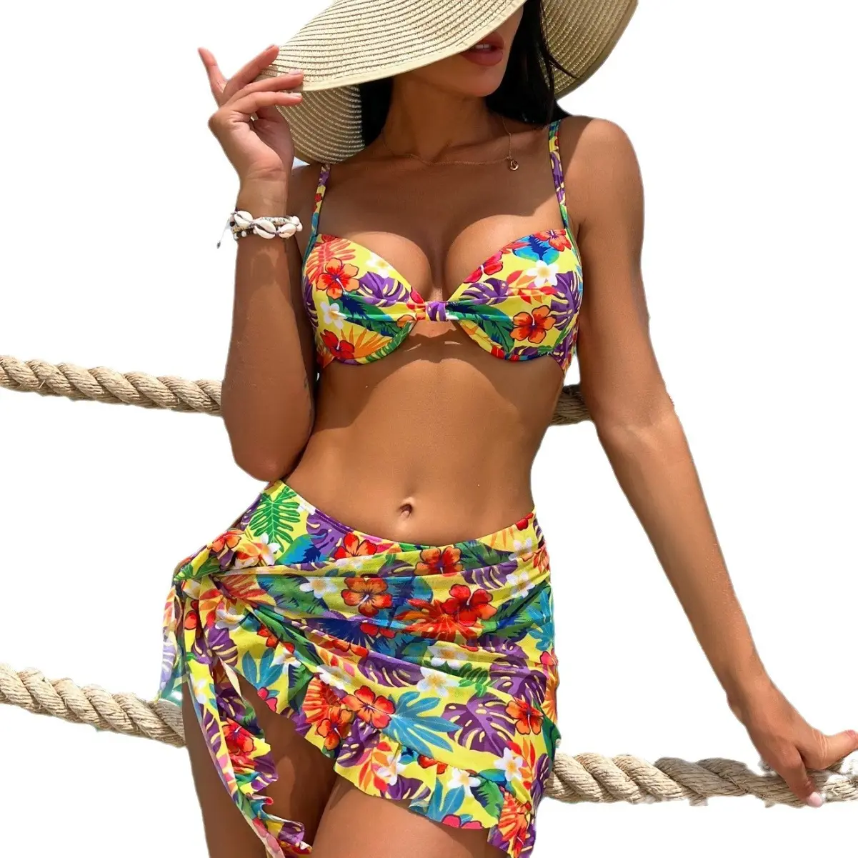 Nueva gran oferta Sexy deportivo estampado Floral There Piece traje de baño mujer Bikini doble forro ropa de playa