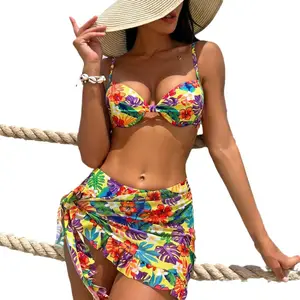 New Hot Sale Sexy Sporty Floral Print There Piece Swimwear Woman Bikini Double Lined Beachwear