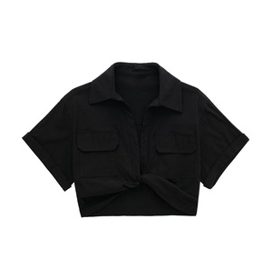 T-Shirt a maniche corte in cotone pieghettato comoda all'ingrosso 9779 tinta unita con spalline sottili da <span class=keywords><strong>donna</strong></span> <span class=keywords><strong>camicia</strong></span> a maniche corte con tasche - Product Image 6