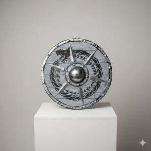 Bouclier Viking en bois antique en MDF de 12 mm, peint et avec des accessoires en fer forgé, finition argentée antique avec poignée - Product Image 1