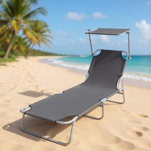 Chaise longue pliante gris acier avec auvent, chaise inclinable d'extérieur - Product Image 2
