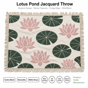 Lotus <strong>Pond</strong> Throw Blanket Pink Forest Green <strong>Cream</strong> Ivory BSCI Audited Home Camping Airplane Decoration - Product Image 1