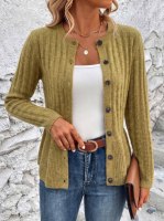 Damen Schicker Olivgrüner Gerippter Strickcardigan, Figurbetonter Peplum-Rundhalsausschnitt mit Knopfleiste, Langarm Weicher Pullover, OEM/ODM