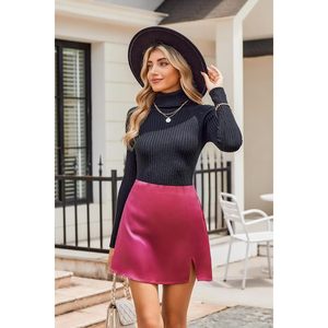 FOXA Mini-jupe brillante pour femme, taille haute, en satin de soie, coupe trapèze avec fente, pour soirée - Product Image 4