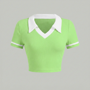 เสื้อโปโลแขนสั้นถักสำหรับผู้หญิง สไตล์พรีปปี้ สีพื้น คอวี ทรงครอป - Product Image 2