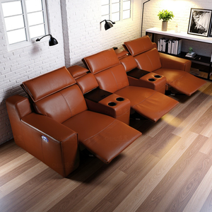Kursi proyek Villa mewah kulit asli oranye kursi ruang tamu elektrik <span class=keywords><strong>Sofa</strong></span> kursi kursi bioskop teater rumah dengan konsol - Product Image 4