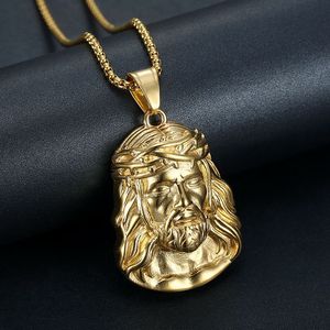 Collier pendentif visage de Jésus en acier titane plaqué or avec serti pavé, bijoux hip-hop pour homme, cadeau - Product Image 3