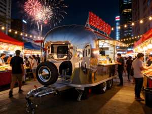 Puesto de Hot Dogs Estilo Vintage con Toldo a Rayas Retro y Detalles Cromados para un Look Clásico de Diner Americano - Product Image 1