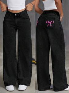 Jeans <span class=keywords><strong>Femme</strong></span> Taille Haute Droit Ample Nœud <span class=keywords><strong>Style</strong></span> <span class=keywords><strong>Baggy</strong></span> Extensible Denim Délavé Été Réduction Âge Pantalon Large Jambe Hip Hop - Product Image 5