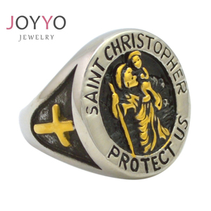 Anillo de acero inoxidable 316L para hombre, joyería religiosa, Oro Sólido, San Cristóbal, protección Us, madeles redondos - Product Image 1
