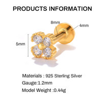 Boucles d'oreilles piercing filetées en argent sterling S925, motif fleur à quatre pétales en zircon, dos plat, 16G