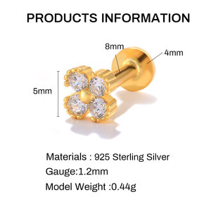 Boucles d'oreilles piercing filetées en argent sterling S925, motif fleur à quatre pétales en zircon, dos plat, 16G - Product Image 2