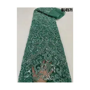 Son ağır inci boncuk dantel Vintage fransız el yapımı dantel kumaş nakış lüks dantel düğün elbisesi