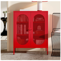 Buffet de rangement multifonctionnel moderne 2026 en acier rouge à mailles, 2 portes et 3 niveaux, pour bar à domicile et usage hôtelier