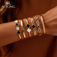 Pulseras de Acero Inoxidable con Baño de Oro PVD de 18K, Diseño de Trébol de Cuatro Hojas con Esmalte, Números Romanos Incrustados y Circonitas, Joyería de Moda para Chicas