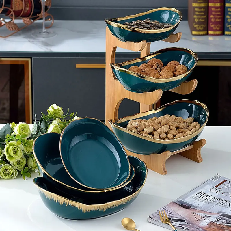 European Style Dried Fruit Tray 3 Tier Candy Dessert Serving Plate High Ceramic Dried Fruit Plate With Wooden Stand