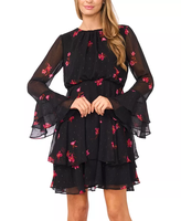 Robe Courte Fleurie à Manches Longues et Volants pour Femme, Col Rond, Taille Élastique en Satin, Respirante, Idéale pour les Sorties Quotidiennes, les Fêtes et le Shopping