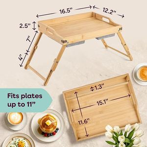 Bandeja plegable de bambú para desayuno de 42x31x6cm con asa para usar en la cama con portátil, tableta o teléfono. - Product Image 4