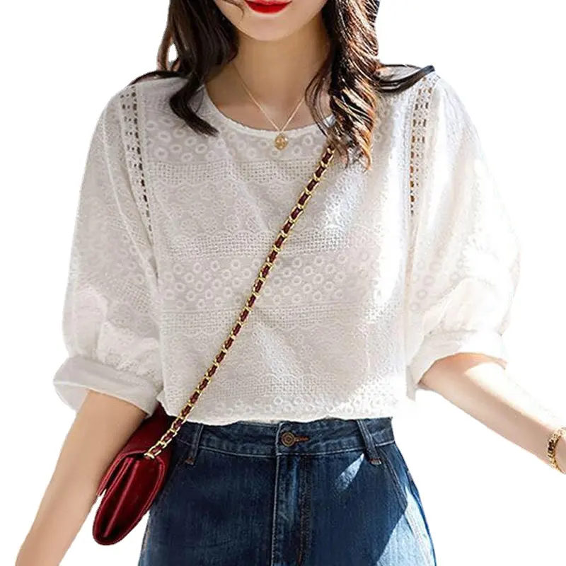 2023 Summer Korean Fashion Women's Clothing Lantern Short Sleeve Loose Lace Shirt Casual Embroidery Cotton O-neck White Blouse