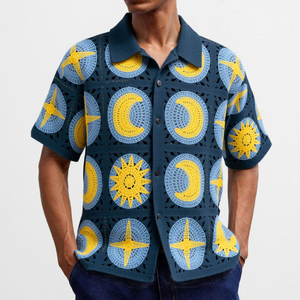 Men's Vintage Crochet Knit Shirt Summer Casual Collar Hollow Out Cardigan <strong>Polo</strong> Short Sleeve High Quality Breathable - Product Image 3