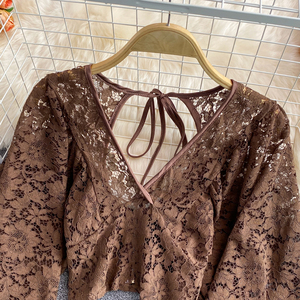Sexy ren áo phụ nữ thanh lịch v-cổ Puff dài tay áo mở lại ngắn Tops nữ bên blusas - Product Image 4