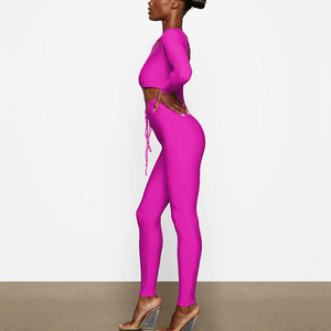 Combinaison sexy dos nu à manches longues pour femmes, taille haute, couleur unie, extensible, tenue de club, rouge rose FD9702 - Product Image 2