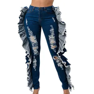 Boyfriend jeans for womens ripped stretched denim jeans custom boy friend skinny jeans with side ruffle