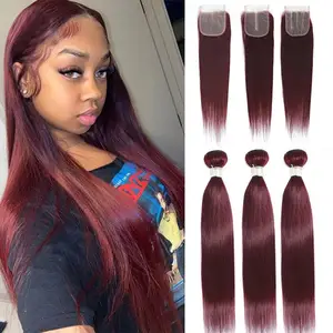 Perviuan Hook Straight Double Drawn Ombre 4/99j Hair Bundles with Lace Closure 4x4 Brazilian Remy Human Hair Wefts with Closure