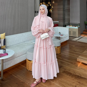 Flowy Elegant Casual Layered Polyester Abaya 2026 Winter High Temperature Shaping Chiffon Long Sleeve <b>Ruffle</b> Maxi <b>Dress</b> Muslim - Product Image 1