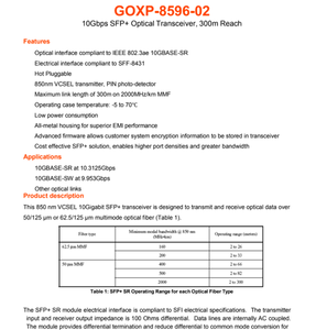 GOXP 8596 02 โมดูลรับส่งสัญญาณ 850nm 300M มัลติไฟเบอร์ DDM LC คอนเนคเตอร์สำหรับเครือข่ายศูนย์ข้อมูล 10G SFP+ SR ออปติคอล - Product Image 2