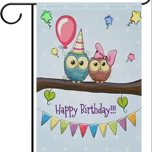12 x 18 Inch Double Sided Two Owls on a Branches Lovely Animal Happy Birthday Garden Flag Banner