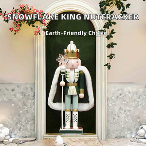 Muñeco Cascanueces Rey con Cetro de Copo de Nieve Blanco y Verde, Estilo Europeo, de Madera Maciza de 30 cm, Acabado Brillante, Capa de Algodón y Adornos Hechos a Mano - Product Image 1