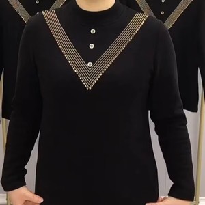 Women's Knit <b>Top</b> Coffee Color Rhinestone V-Neck Long Sleeve Soft Warm Base <b>Layer</b> Slim Fit Autumn Winter Wear - Product Image 2