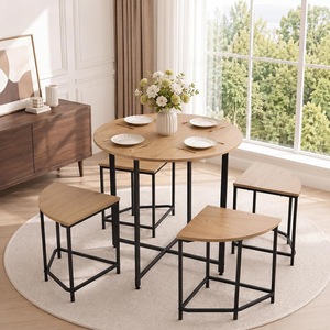 Juego de mesa y sillas de comedor redondas minimalistas modernas (cinco piezas), mesa redonda pequeña de imitación madera, ideal para apartamentos de alquiler. - Product Image 1