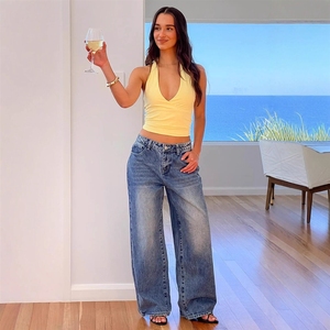 <span class=keywords><strong>Jean</strong></span> en denim pour femme, coupe droite, délavé bleu, style vintage, décontracté, ample, jambe large, longueur intégrale, tendance, avec poche cœur, collection automne - Product Image 3