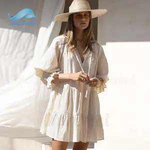 Custom summer women cloth plus size puff sleeves v neck shirred elastic cuff gennerous hemline cotton mini casual dress