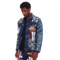 Veste en jean décontractée pour homme, de haute qualité, imprimée et enduite, avec col montant et fermeture éclair, vente en gros