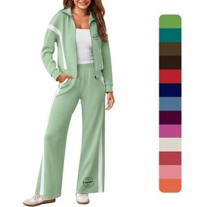 Trajes informales de 2 piezas personalizados para mujer, sudadera con cremallera completa, pantalones de chándal de pierna ancha, chándal de longitud corta para correr, cremallera, talla S - Product Image 1