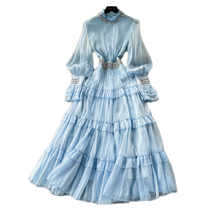 Abito Midi Casual da donna 2025 <span class=keywords><strong>con</strong></span> collo alto in stile romano manica svasata stile impero diamanti <span class=keywords><strong>con</strong></span> pizzo intrecciato traspirante <span class=keywords><strong>con</strong></span> tessuto frontale Logo - Product Image 3