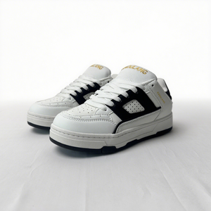 Zapatillas de deporte bajas blancas <span class=keywords><strong>con</strong></span> paneles de acento negro Detalles perforados de marca dorada para zapatos de estilo informal elegante para caminar - Product Image 2