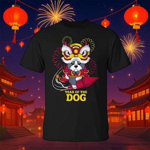 T-shirt con design del zodiaco del Capodanno cinese dell'anno del cane, design con fuochi d'artificio rossi - Product Image 3