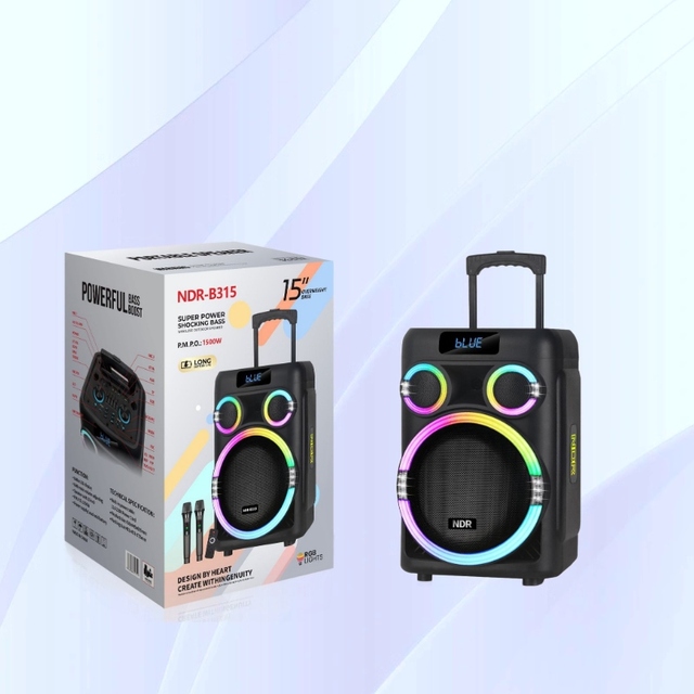 High Power 15inch Trolley Portable bluetooth Party Speaker with Wirelsee Microphone RGB Lights Remote NDR-B315